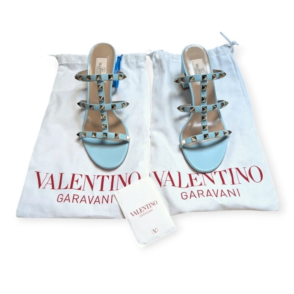 Valentino Garavani Rockstud 60 Caged Block-Heel Slide Sandals Size 7 Acquamarina - Picture 3 of 13